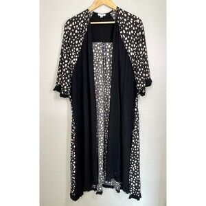 Umgee Black White Dalmation Dot Linen‎ Long Ruffle Hem Kimono Women's Size M/L